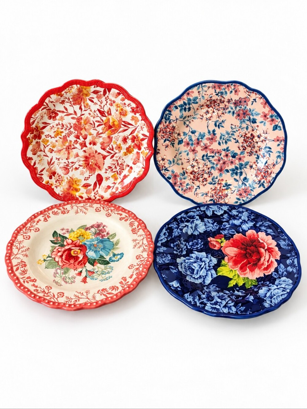 The Pioneer Woman Mismatched Floral Salad Plates Scalloped Melamine/Stoneware
